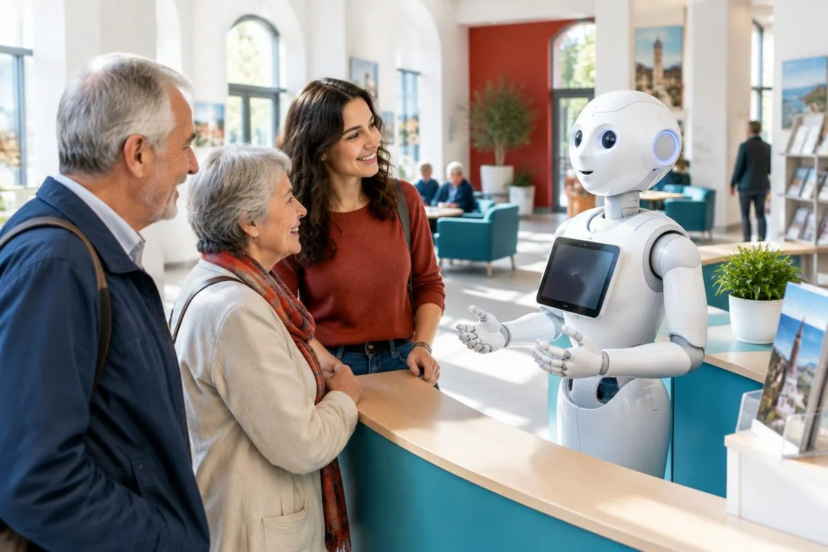 Tre persone di età diverse incontrano un robot in un centro civico