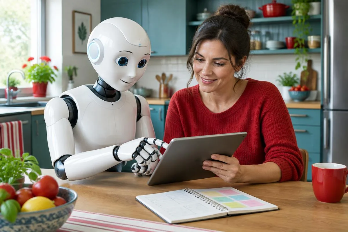 Una donna consulta un tablet accanto a un robot in cucina