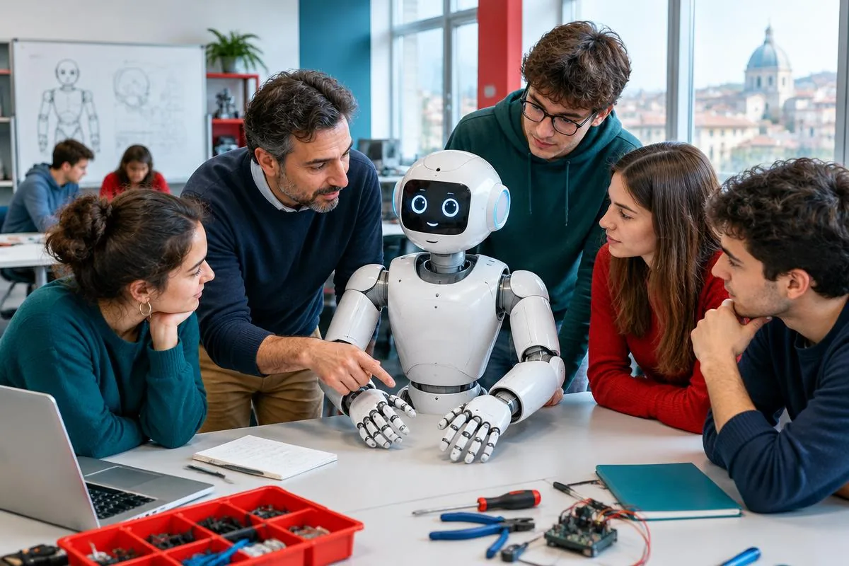 Studenti e insegnante esaminano un robot in un laboratorio