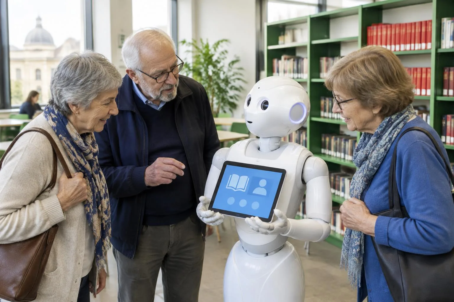 Tre adulti anziani osservano un robot con un tablet in biblioteca