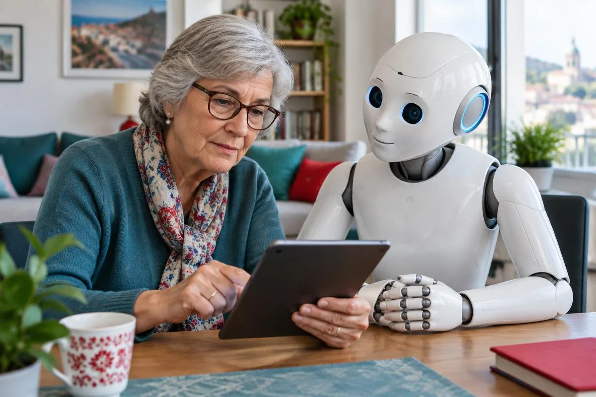 Una donna anziana legge sul tablet vicino a un robot