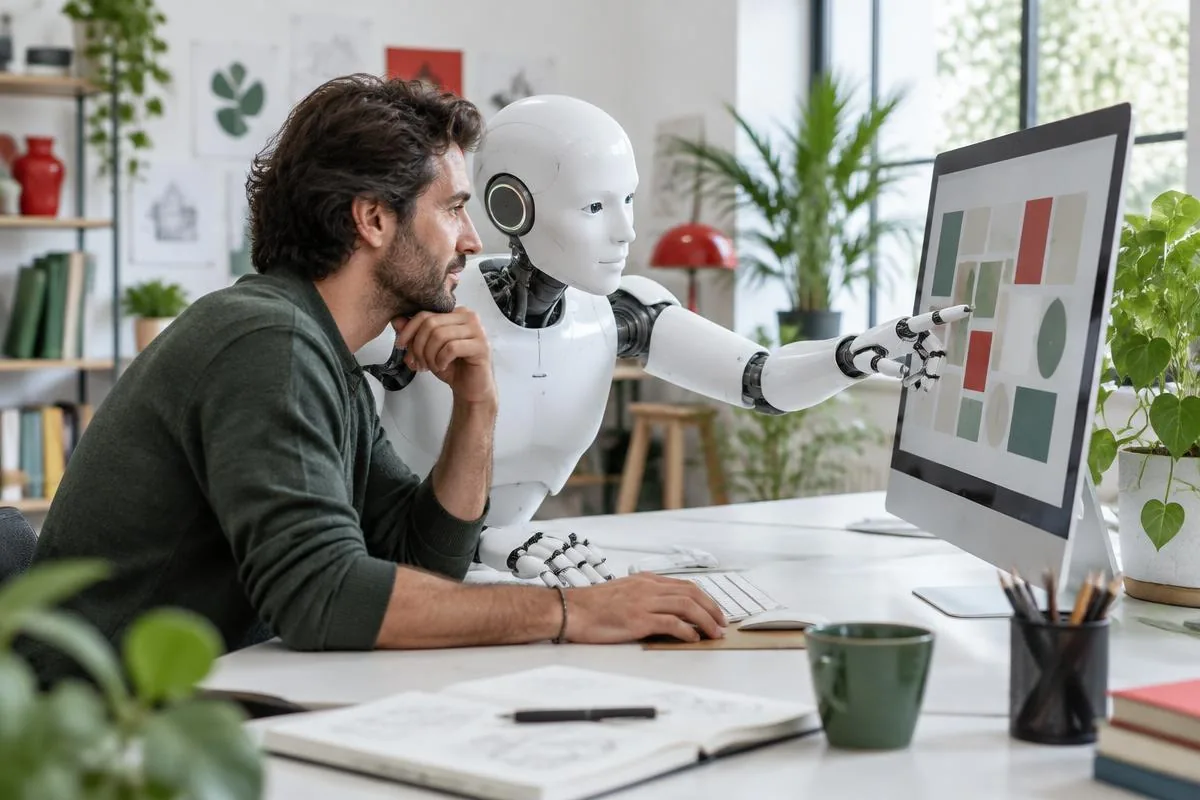 Un professionista e un robot osservano un progetto grafico al computer